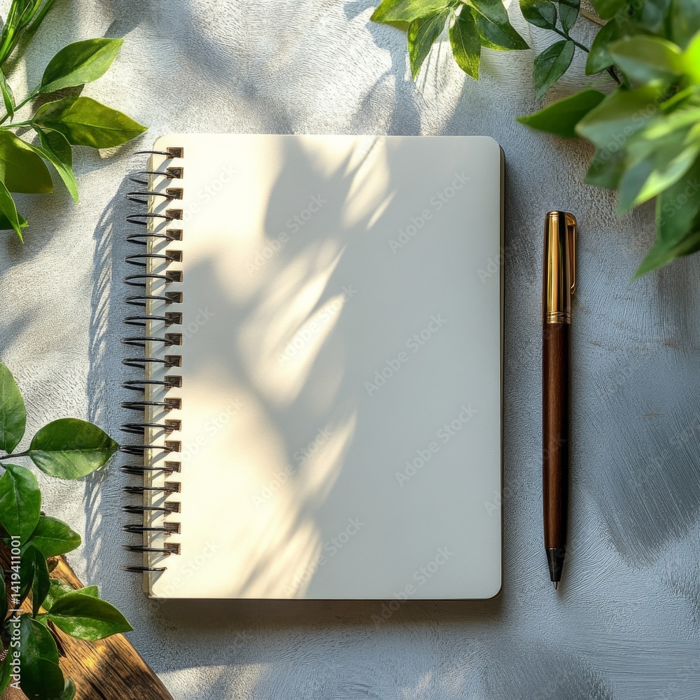Poster Serene Workspace Featuring a Notebook and Pen Amidst Gentle Greenery and Cozy Lighting for Creative Reflection and Inspiration