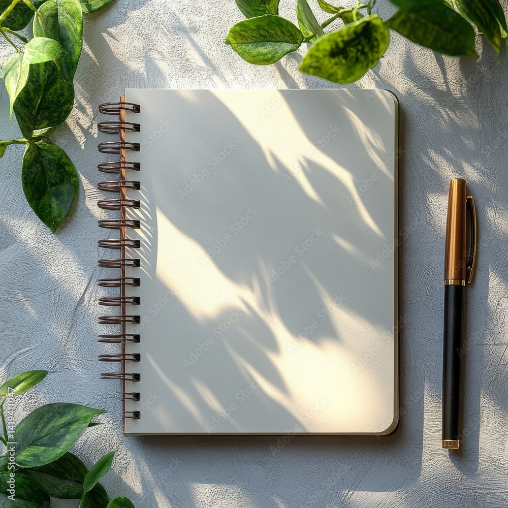 Poster Transforming a Cozy Workspace Into a Sanctuary for Creativity With a Blank Notebook and an Elegant Pen, Surrounded by Lush Greenery and Warm Lighting