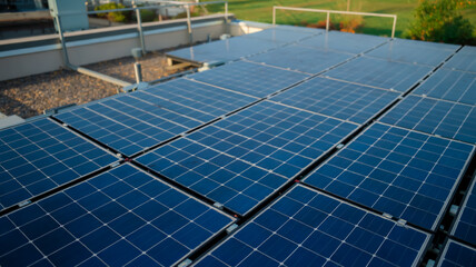 Expansive rooftop solar array in geometric symmetry, gleaming blue cells with silver borders under daylight, capturing sustainable energy brilliance