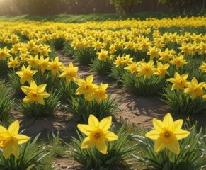 Fototapeta premium A carpet of cheerful yellow daffodils blossoms under the warm sun in a verdant field , golden, landscape, vibrant