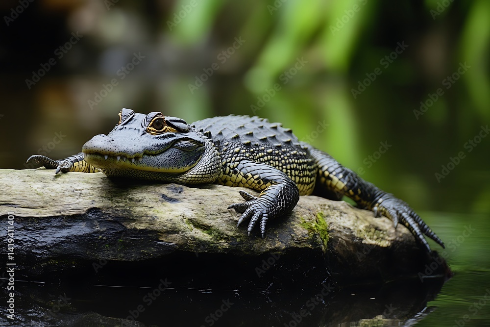 Poster alligator resting on a log showing detailed textures with green background