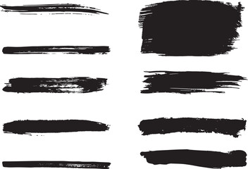 Set of Black Brush Stroke Illustrations with Varied Textures for Art and Design Themes