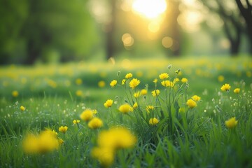 Fototapeta premium Spring Meadow with Yellow Wildflowers and Soft Sunlight at Golden Hour