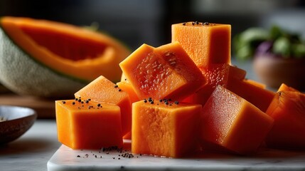 Fresh vibrant papaya chunks on kitchen counter