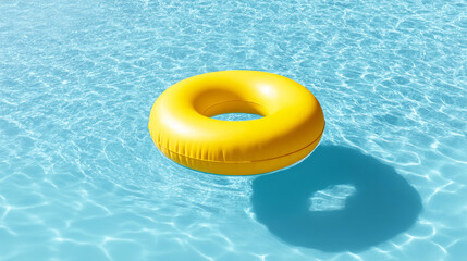 Vibrant yellow pool float floating against crystal clear blue swimming pool water, highlighting summer leisure