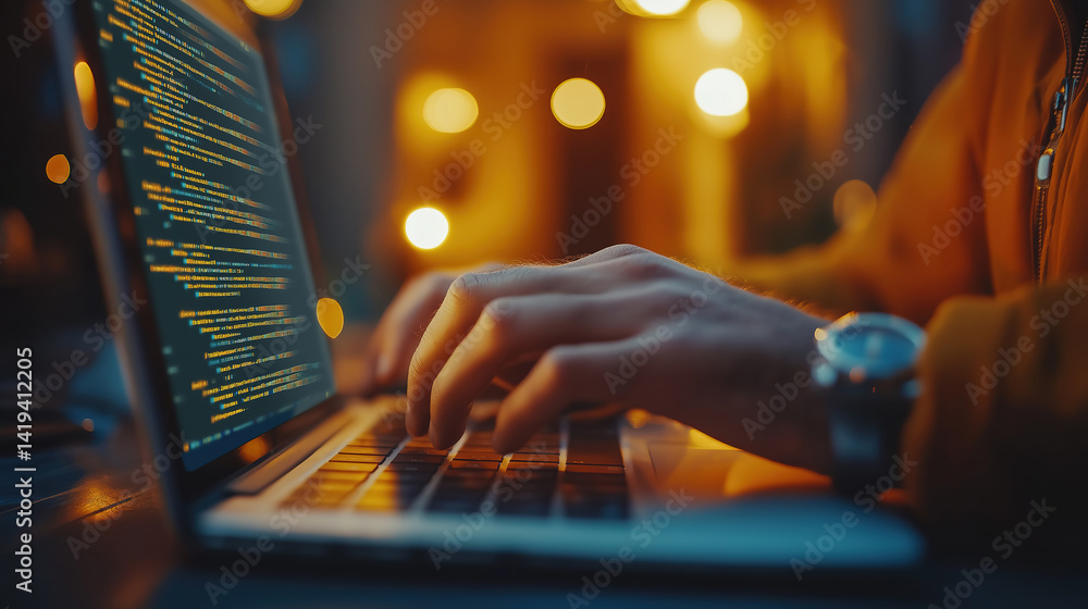 Poster software engineer working on laptop typing code showcasing data engineering in tech industry