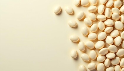 Creamy white beans scattered on bright backdrop, harvest, scattered, nutrition