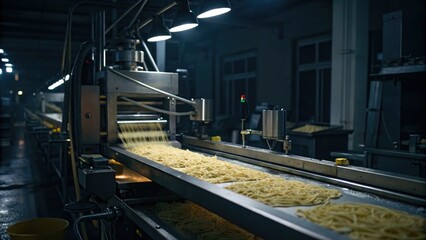Low-light photography reveals the nocturnal rhythm of an automated pasta factory's industrial food production.