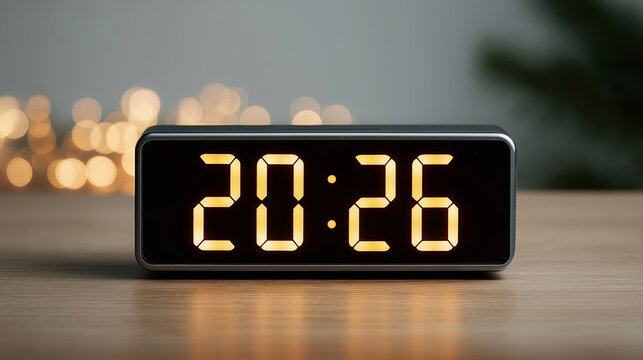 Digital clock displaying 2026 amid glowing Christmas lights, representing festive holiday countdown