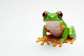 Obraz premium Green tree frog perched on white, vibrant skin, wildlife, eyes