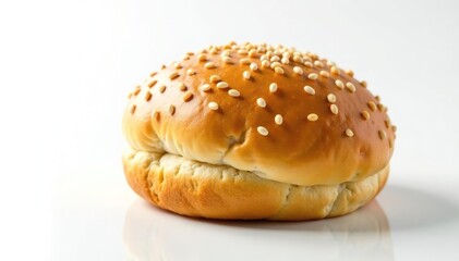 Sesame seed topped bun, slightly shiny surface, white background , delicious, gluten, ingredient