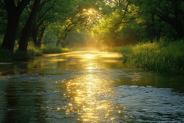 Sunlit River Through Trees