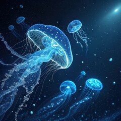 Obraz premium Ethereal Jellyfish Dance in a Luminous Underwater Galaxy