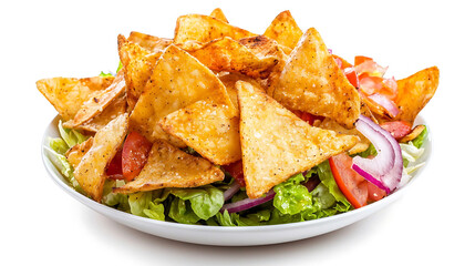 Delicious nacho salad with tomatoes onions and fresh greens isolated on white background