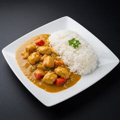 Delicious chicken curry with rice served on a plate isolated on white background