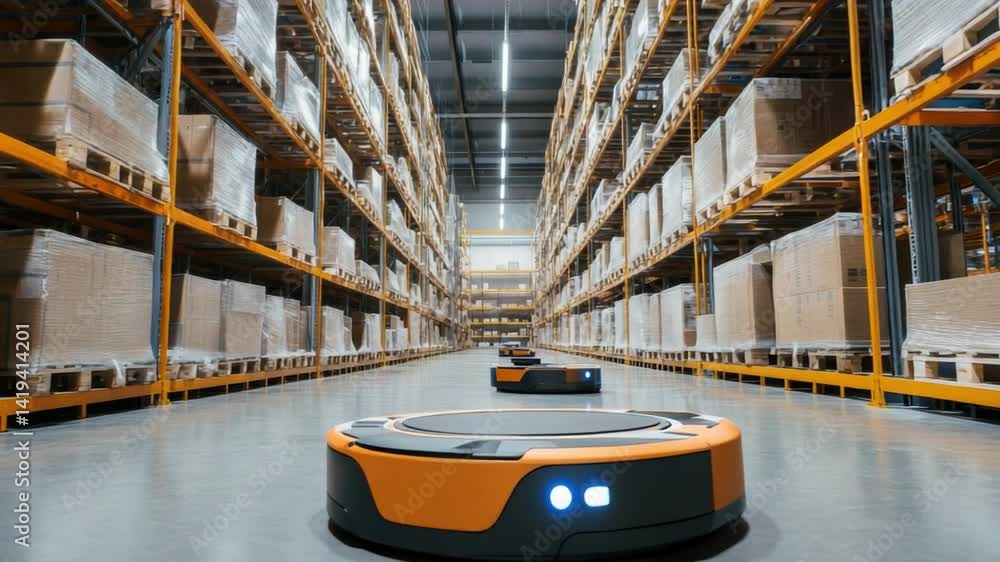 Poster warehouse robots: futuristic warehouse with robots efficiently navigating the aisles. technological 