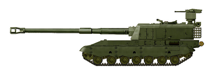 The concept of a tracked self-propelled gun based on an extended chassis from the T-64 tank, a turret from the K9 self-propelled gun, and an improved gun from the 2S22 Bohdana self-propelled gun © Tikros