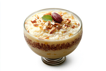 a bowl of rice pudding with nuts and a leaf