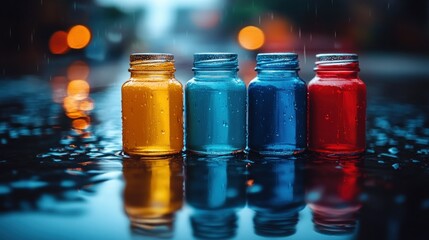 Colorful bottles in puddles on a rainy night