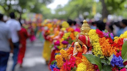 Vibrant Ganesh Chaturthi procession with colorful flowers and decorations, showcasing devotion and celebration