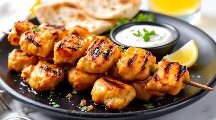 Delicious Grilled Chicken Skewers with Yogurt Dip and Pita Bread