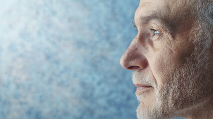 Fototapeta premium thoughtful elderly man gazes into distance, showcasing wisdom and experience against textured blue background