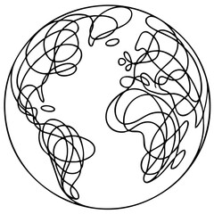 Abstract chaotic line art of Earth globe showing continents in scribbled form. Artistic representation of global connection and complexity. Earth, globe, chaotic, world, scribble, line art, vector