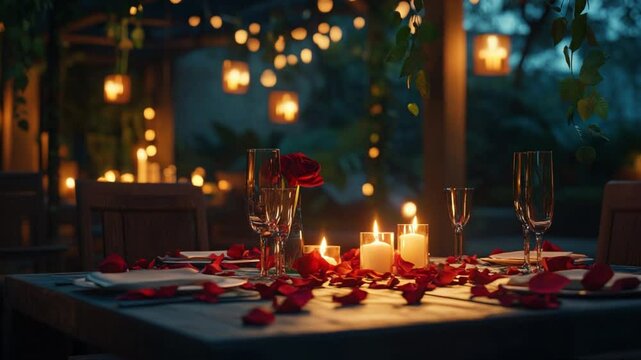 Romantic Candlelit Dinner Setting with Rose Petals for an Elegant Evening