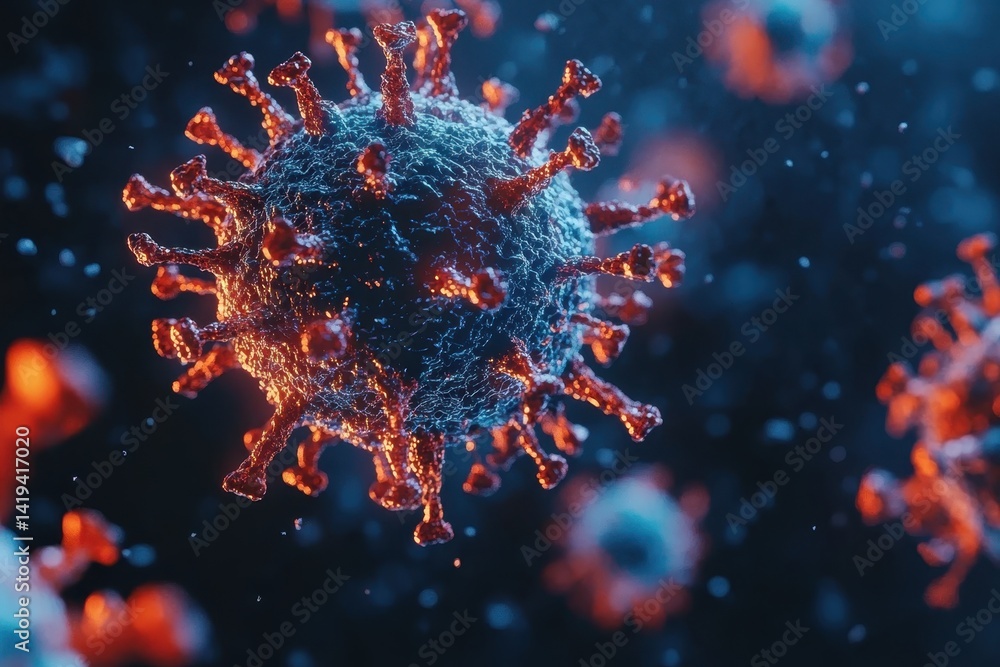 Poster visualization of a coronavirus particle illustrating its structure and surface proteins