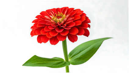 Vibrant Red Zinnia Flower with Green Leaves isolated on white background .A high quality flower on white
