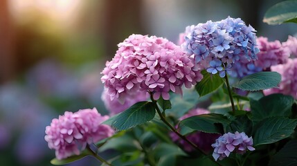 Bathed in soft dusk light, the hydrangea blooms glow in delicate shades of pink and blue, capturing the quiet magic of a serene garden evening.

