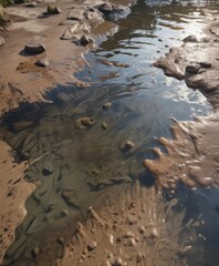 Clear pool water with muddy prints and a splash, reflection visible , water, clay, vibrant