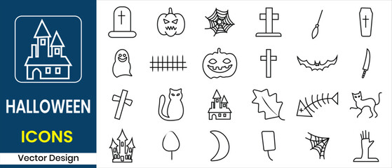 Big collection of Halloween icon vector set. Happy Halloween day festival elements, background vector element pumpkin, bat, creepy ghost, cat, skull, spider, grave, zombie hand. Vector illustration.