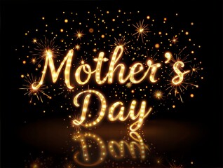 Glowing golden Mother's Day text with sparkler style, fireworks, and sparkling particles on black background with reflection, ideal for greeting cards and festive ads