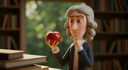 Man Contemplating an Apple in a Library Setting - Conceptual Art