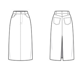 Denim Maxi Skirt with Back Slit- Straight Design- Front and Back View- Fashion Technical Illustration - Denim Skirt CAD Mock-up 