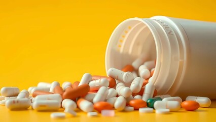 Colorful capsules and tablets spilled from a white bottle on a bright yellow background, visually striking scene