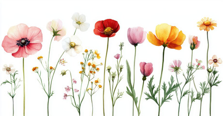 Fototapeta premium Beautiful floral arrangement featuring various colorful flowers, including pink, white, red, and yellow blooms, with delicate green stems and leaves, creating vibrant and cheerful atmosphere