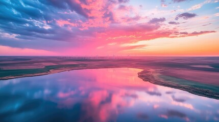 Fototapeta premium Gorgeous pinks and blues with an orange glow at sunset over an aerial view of a wind farm in farmland