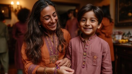 Obraz premium Happy Indian mother and young son sharing joyful moment at family gathering