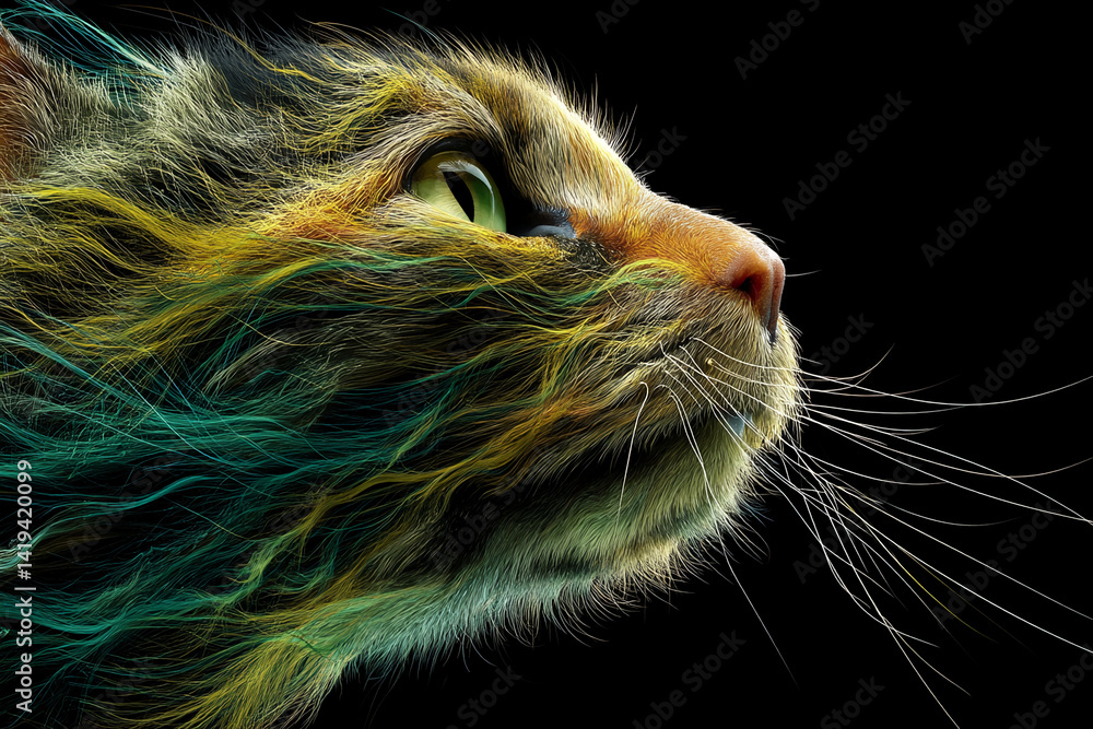 Poster close-up of stylized cat's head, showcasing textured fur in yellow, teal, and brown hues against a b