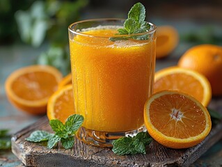 Refreshing Homemade Orange Juice with Mint Garnish