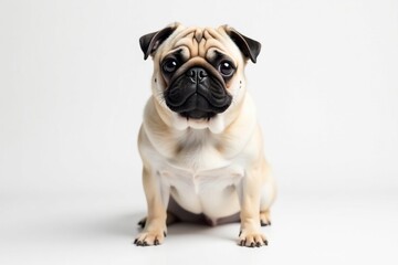 Obraz premium Solo pug, facing forward, on seamless white backdrop, one, expression, pet