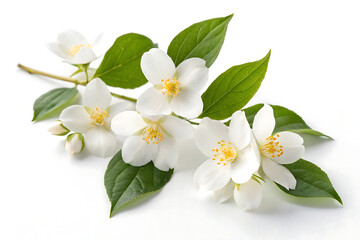  Fresh White Jasmine Flowers with Green Leaves  isolated on white background . 