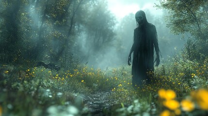 Creepy horror dark forest ghost flowers nature spooky trees fog eerie fantasy mysterious scary figure