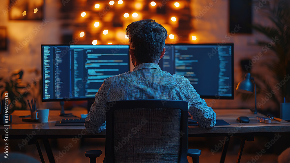 Poster brunet software engineer managing development tasks from tech station rear view