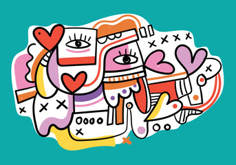 Abstract cubism pop art illustration featuring overlapping symbolic faces and expressive