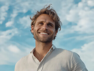 Good looking caucasian man smiling against sky background in light linen clothes