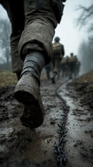 A group of fully equipped soldiers is marching in the war. They wear a worn olive-drab uniform and a steel helmet and carry a bulky backpack. It is rainy and they walk through the mud.