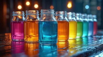 Colorful drinks in small bottles